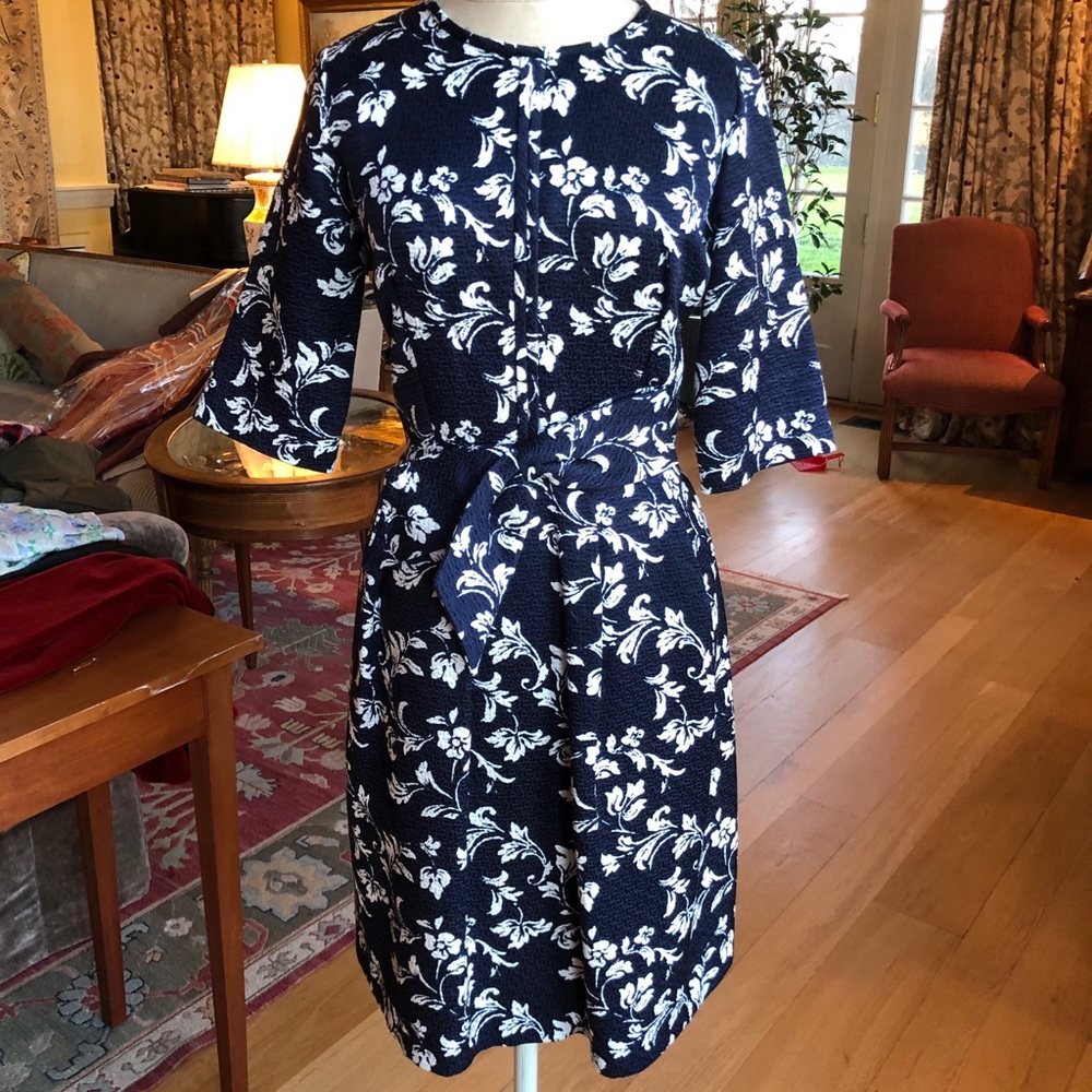 Carolina Herrera Navy and White Floral Midi Dress